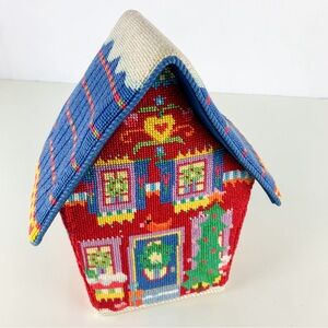 Rare Vintage Cardinals Bird House Christmas Holiday Needlepoint Door Stop Kitsch